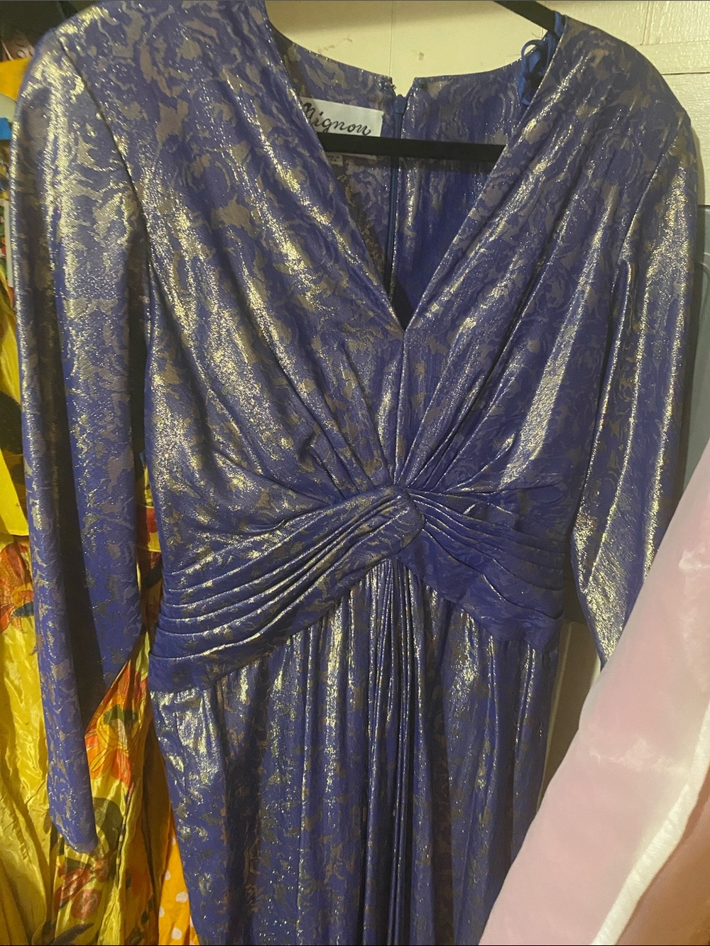Mignon Metallic Purple Long Sleeve Twist-Waist Gown Size 14 wears size 10